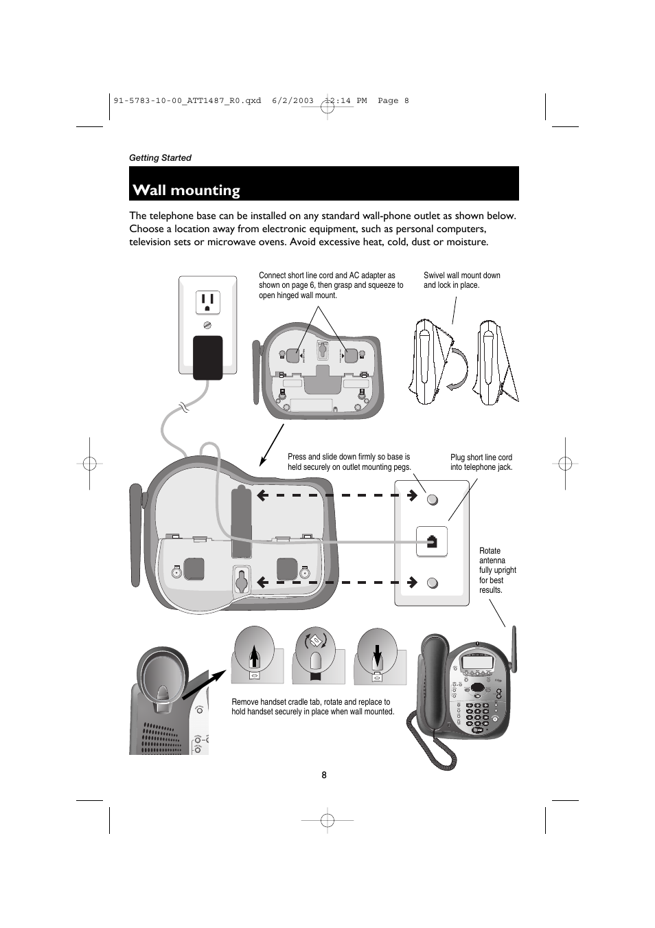 Wall mounting, Swivel wall mount down and lock in place, Plug short line cord into telephone jack | Rotate antenna fully upright for best results | AT&T 1187 User Manual | Page 10 / 48