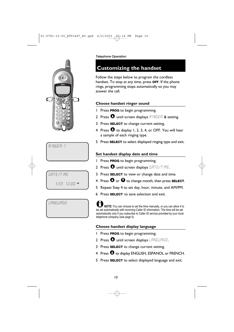 Telephone operation, Customizing the handset, Choose handset ringer sound | Set handset display date and time, Choose handset display language | AT&T 1187 User Manual | Page 12 / 48