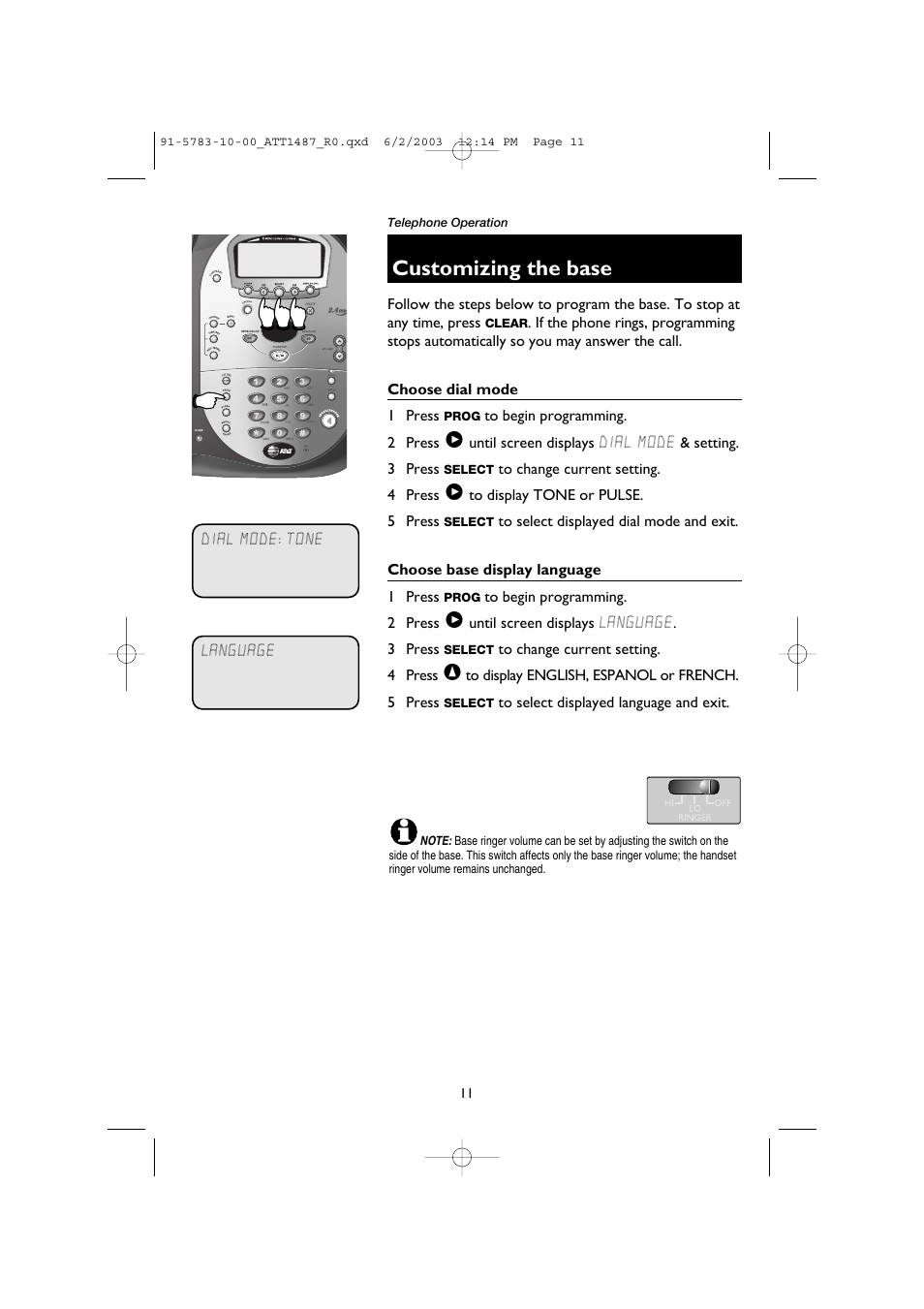 Customizing the base, Choose dial mode, Choose base display language | AT&T 1187 User Manual | Page 13 / 48