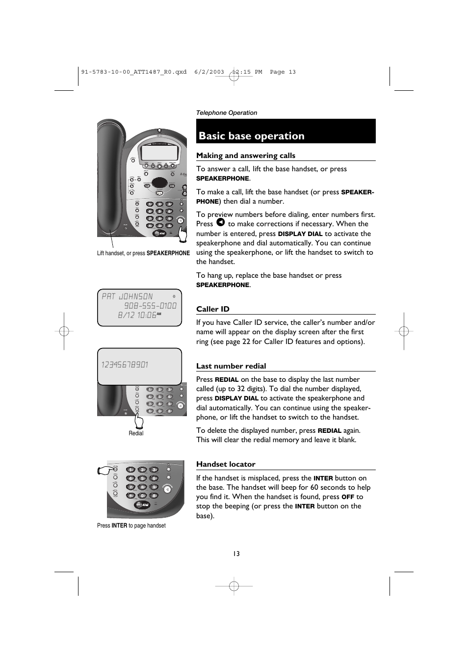 Basic base operation, Making and answering calls, Caller id | Last number redial, Handset locator | AT&T 1187 User Manual | Page 15 / 48