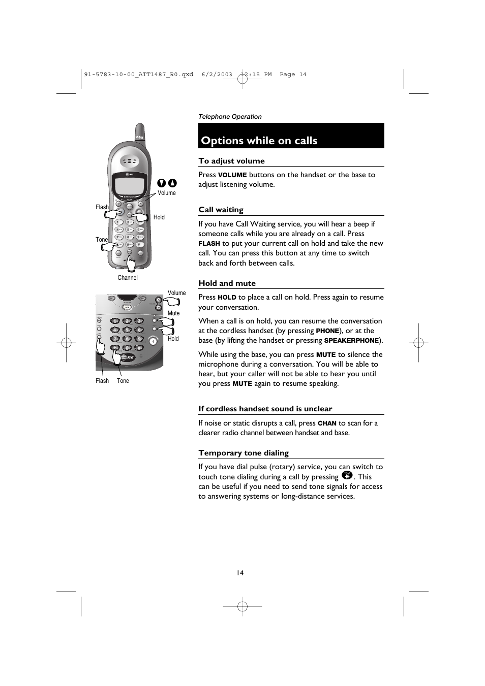 Options while on calls, To adjust volume, Call waiting | Hold and mute, If cordless handset sound is unclear, Temporary tone dialing | AT&T 1187 User Manual | Page 16 / 48