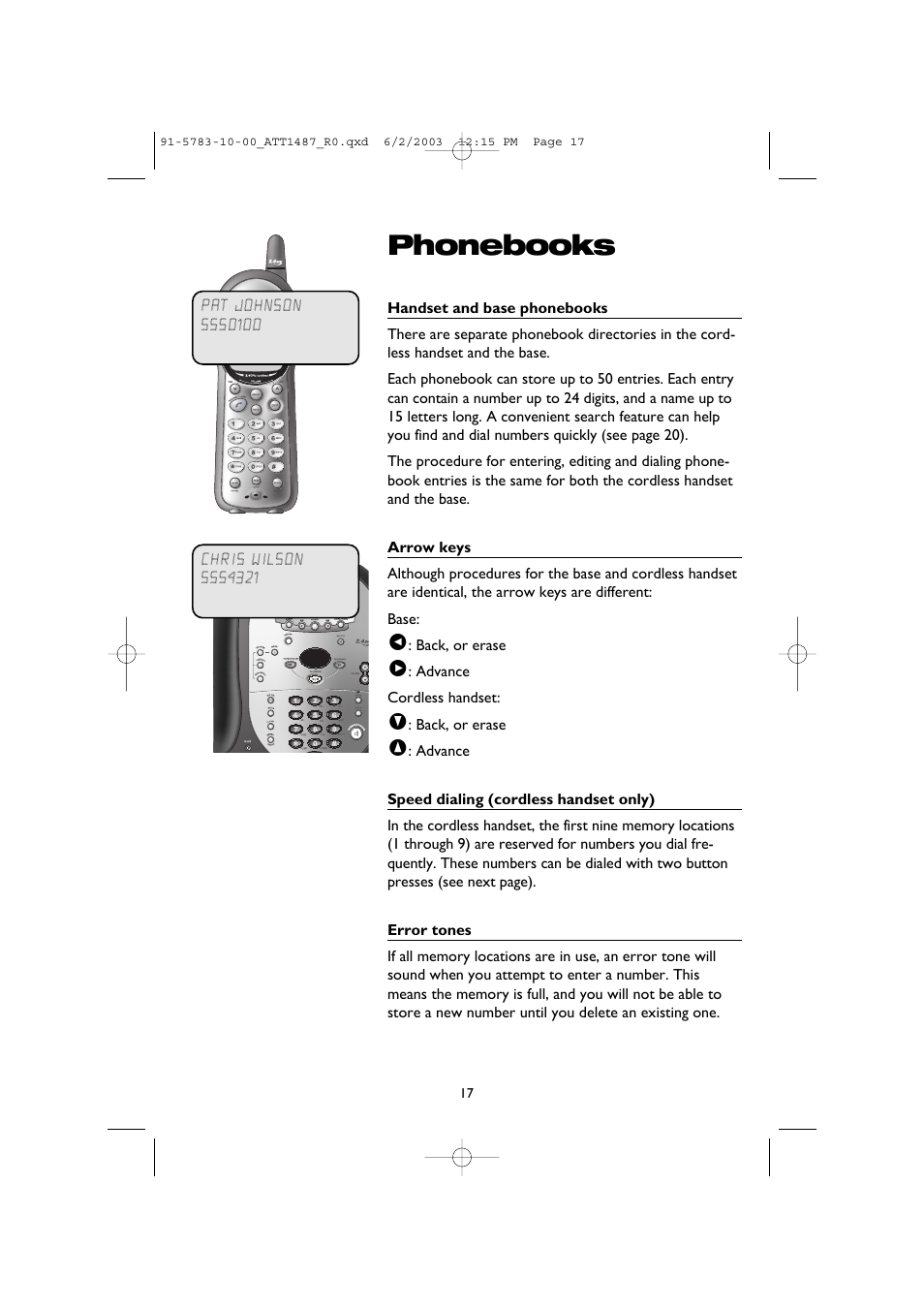Phonebooks, Handset and base phonebooks, Arrow keys | Speed dialing (cordless handset only), Error tones | AT&T 1187 User Manual | Page 19 / 48