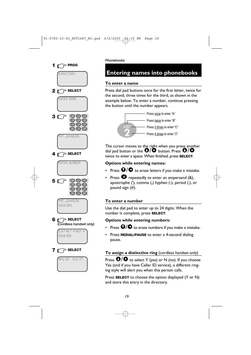 Entering names into phonebooks, To enter a name, Options while entering names | To enter a number | AT&T 1187 User Manual | Page 21 / 48