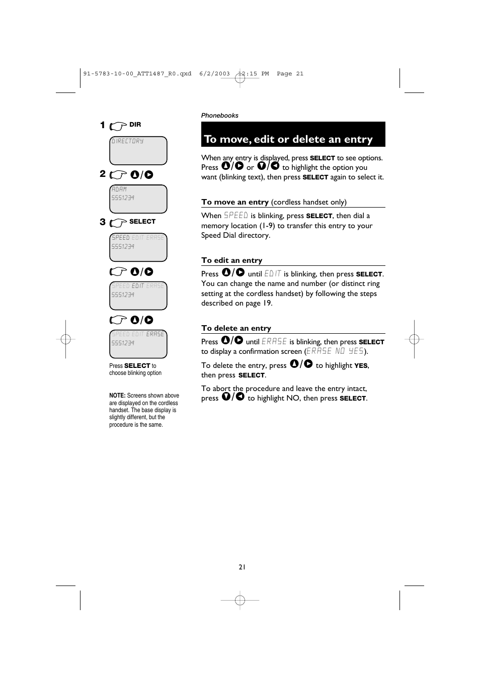 To move, edit or delete an entry, To move an entry (cordless handset only), To edit an entry | To delete an entry | AT&T 1187 User Manual | Page 23 / 48