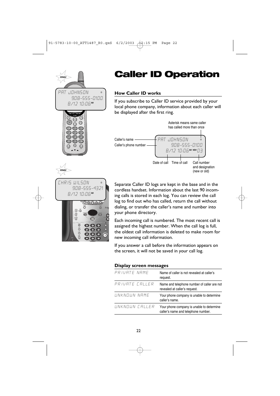Caller id operation, How caller id works, Display screen messages | Private name, Private caller, Unknown name, Unknown caller | AT&T 1187 User Manual | Page 24 / 48