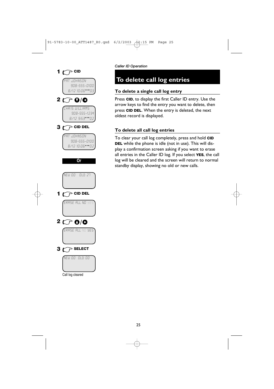 To delete call log entries, To delete a single call log entry, To delete all call log entries | AT&T 1187 User Manual | Page 27 / 48