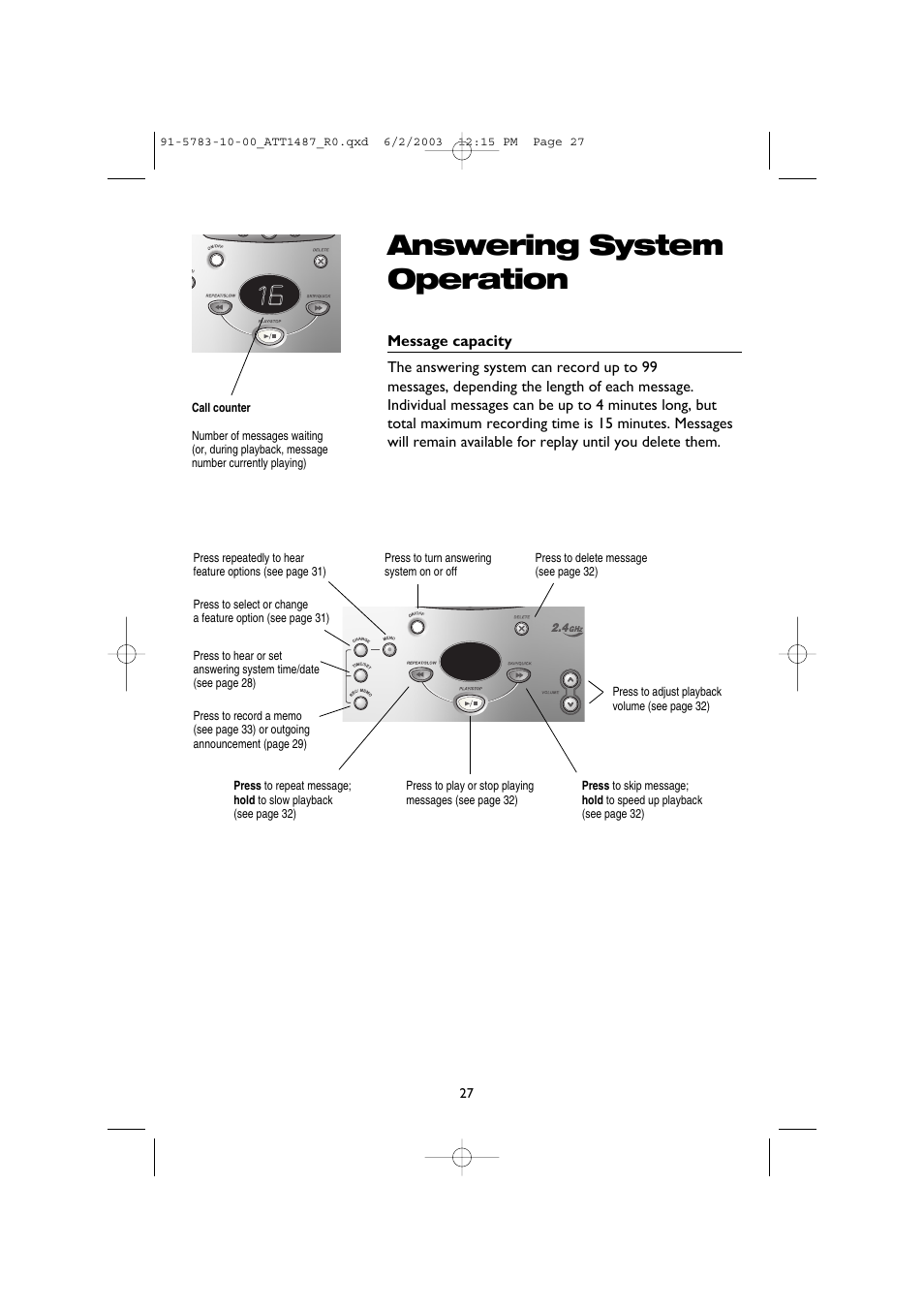 Answering system operation, Message capacity | AT&T 1187 User Manual | Page 29 / 48