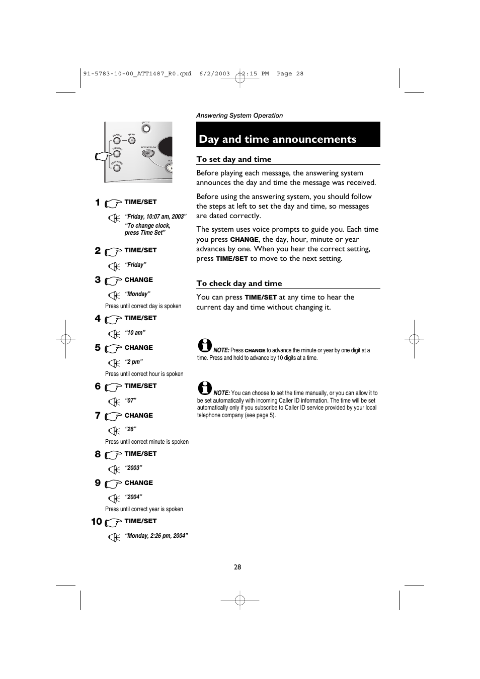 Day and time announcements, To set day and time, To check day and time | AT&T 1187 User Manual | Page 30 / 48