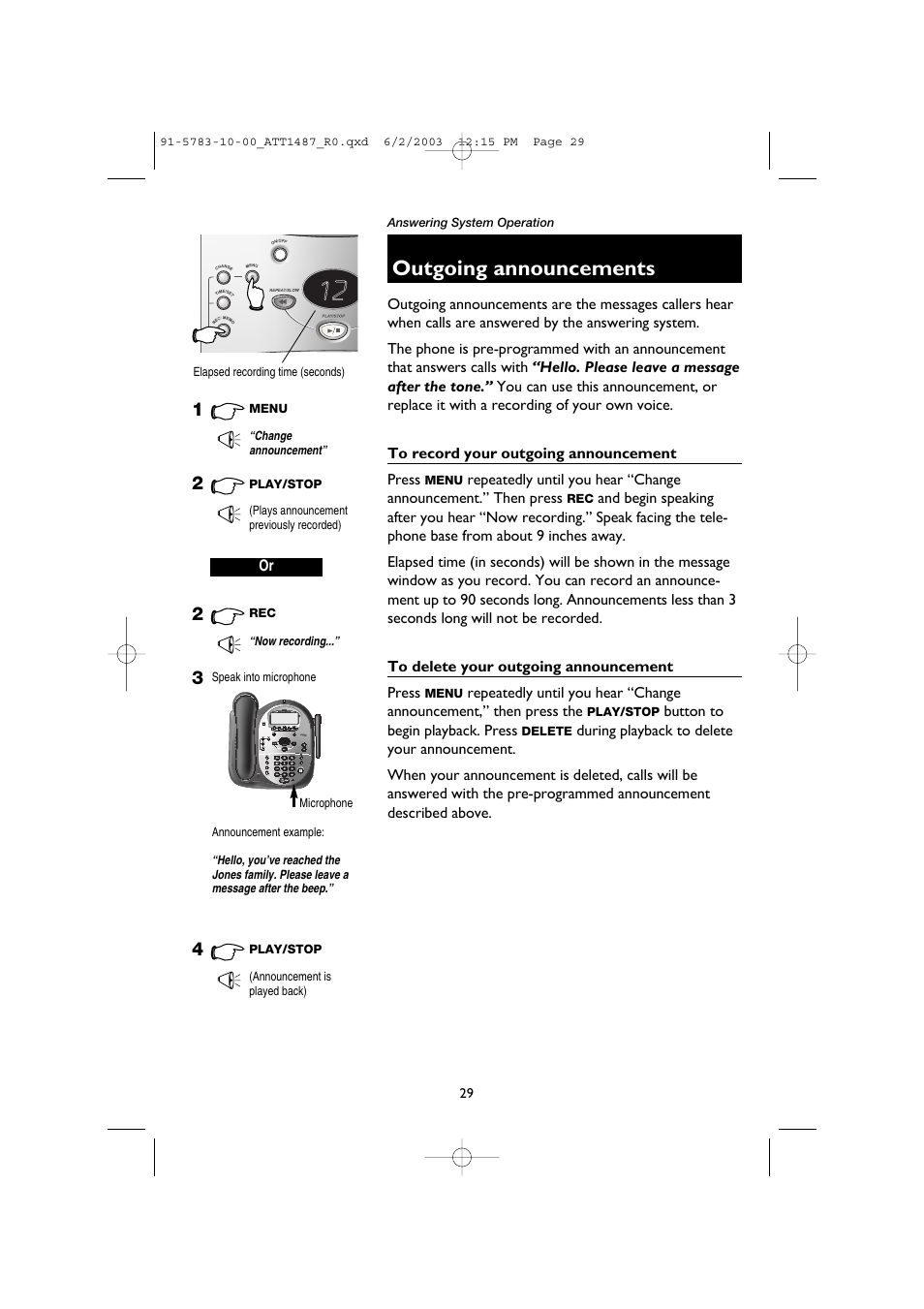Outgoing announcements, To record your outgoing announcement, To delete your outgoing announcement | AT&T 1187 User Manual | Page 31 / 48