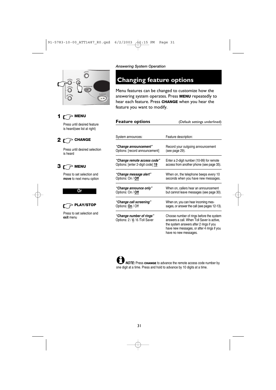 Changing feature options, Feature options, Change announcement” options: [record announcement | Change message alert” options: on / off, Change announce only” options: on / off, Change call screening” options: on / off | AT&T 1187 User Manual | Page 33 / 48