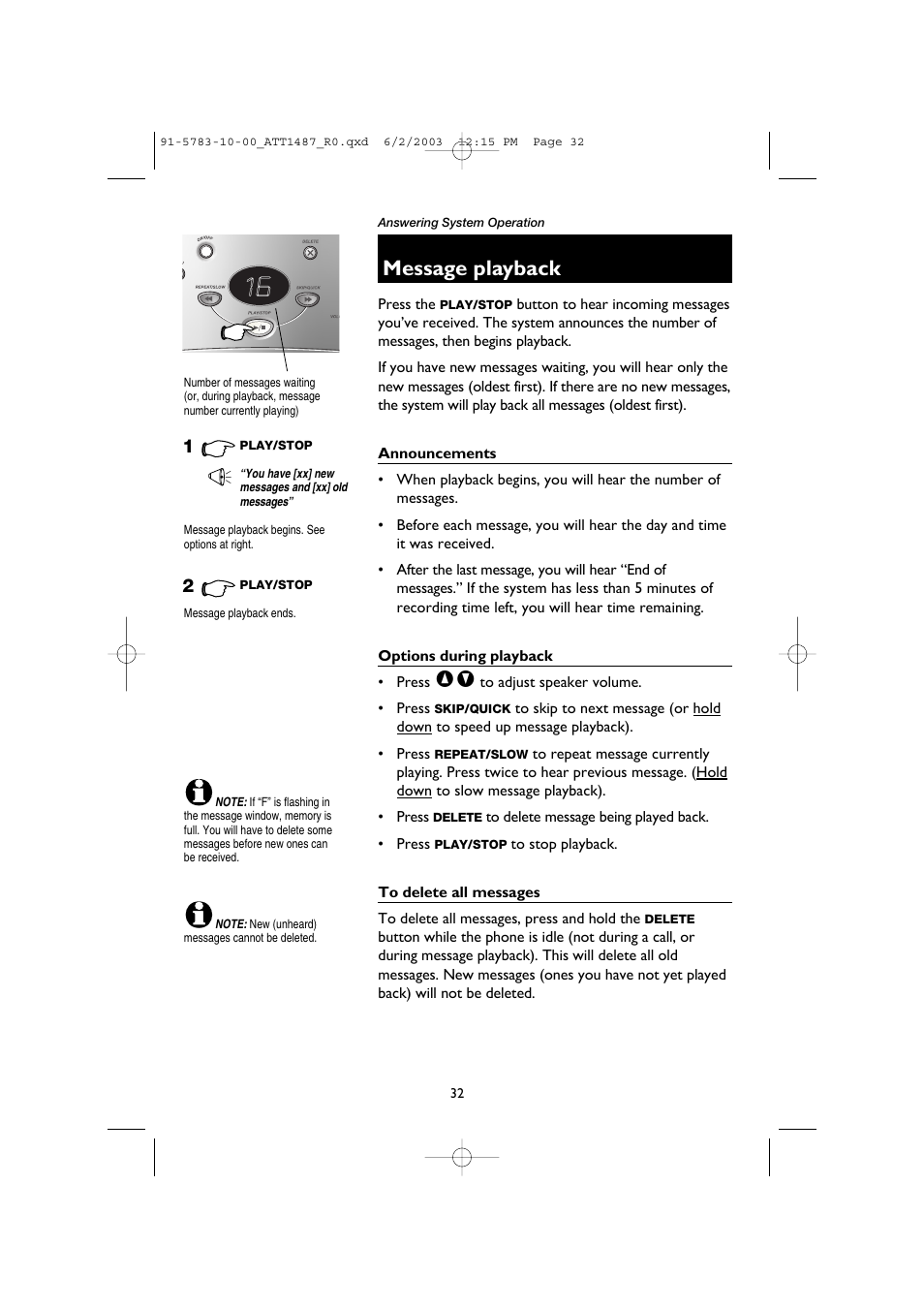 Message playback, Announcements, Options during playback | To delete all messages | AT&T 1187 User Manual | Page 34 / 48