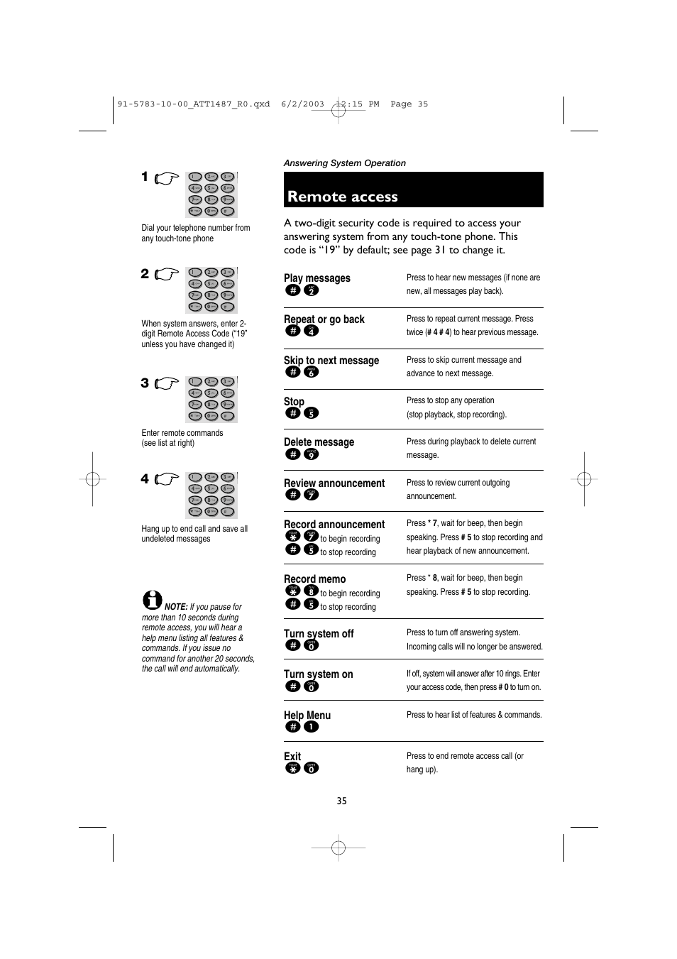 Remote access, Play messages, Repeat or go back | Skip to next message, Stop, Delete message, Review announcement, Record announcement, Record memo, Turn system off | AT&T 1187 User Manual | Page 37 / 48