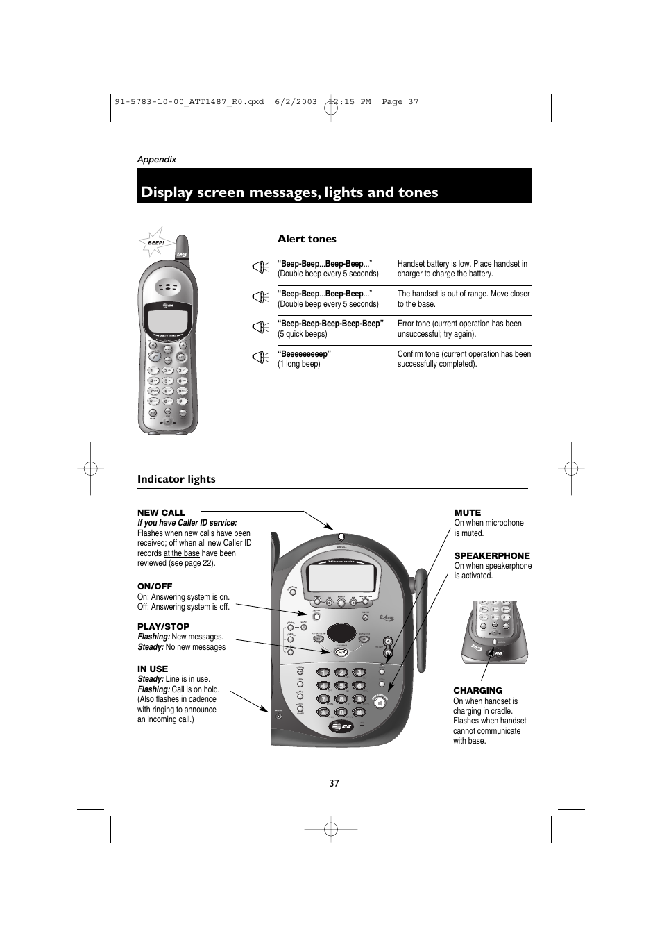 Alert tones, Double beep every 5 seconds, 5 quick beeps | 1 long beep, Indicator lights, New call, On/off, Play/stop, In use, Mute | AT&T 1187 User Manual | Page 39 / 48