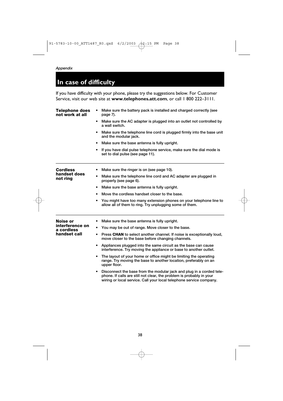 In case of difficulty, Telephone does not work at all, Cordless handset does not ring | Noise or interference on a cordless handset call | AT&T 1187 User Manual | Page 40 / 48