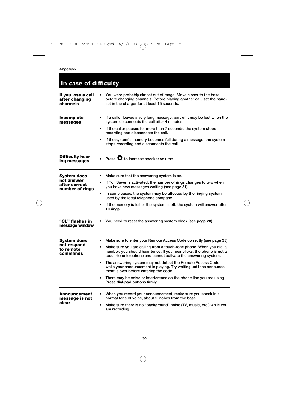 If you lose a call after changing channels, Incomplete messages, Difficulty hearing messages | Cl” flashes in message window, System does not respond to remote commands, Announcement message is not clear | AT&T 1187 User Manual | Page 41 / 48
