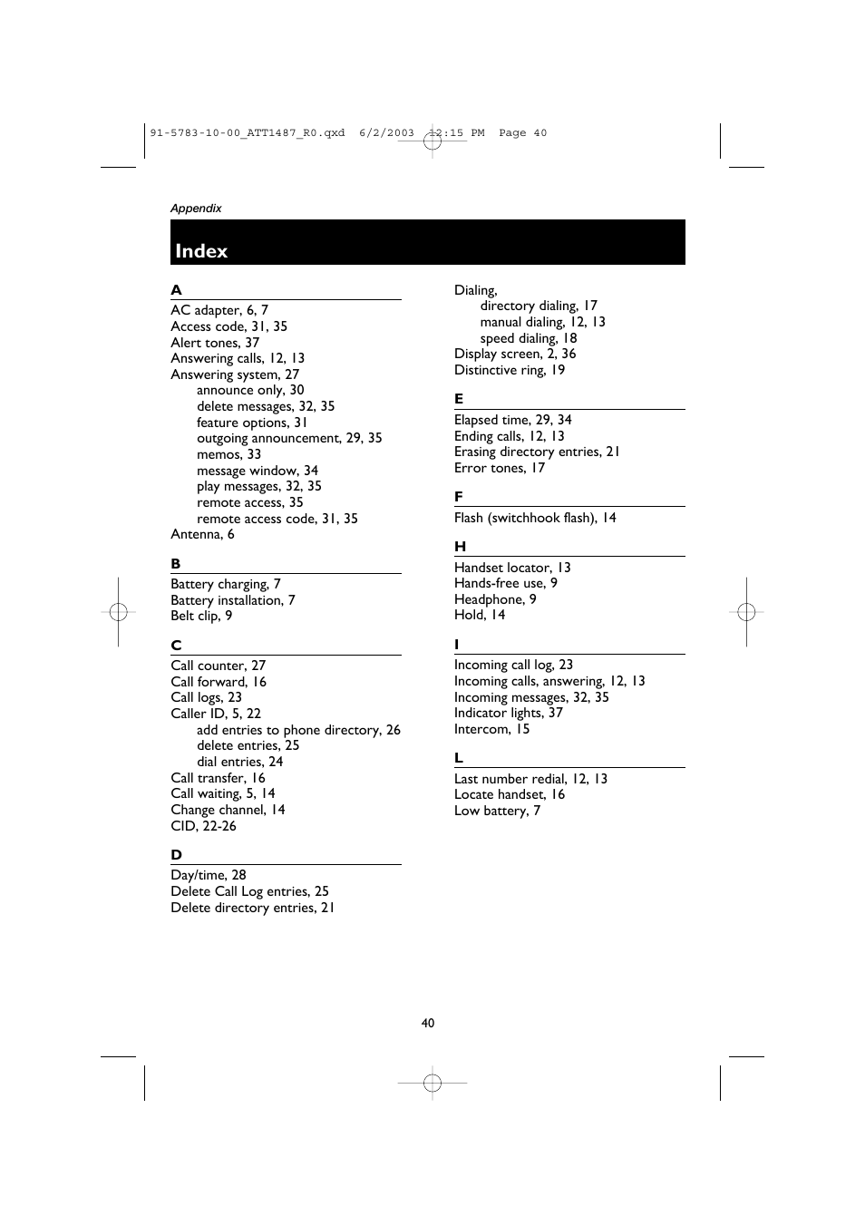 Index | AT&T 1187 User Manual | Page 42 / 48
