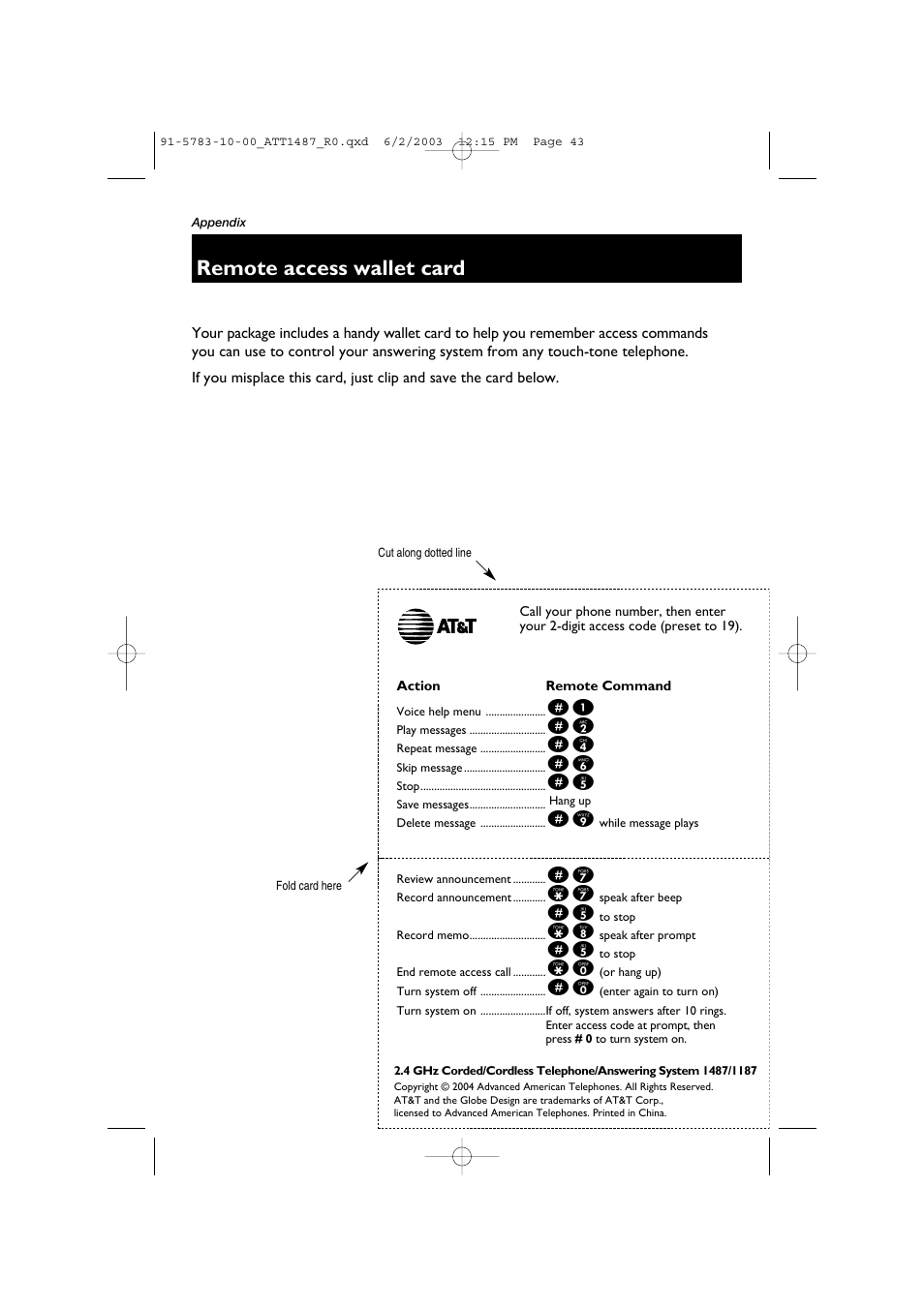 Remote access wallet card | AT&T 1187 User Manual | Page 45 / 48