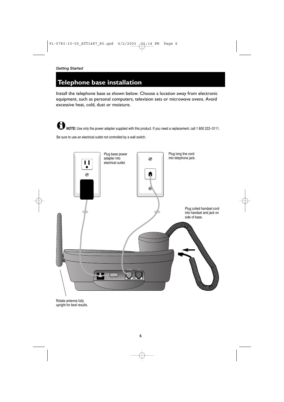 Telephone base installation, Plug base power adapter into electrical outlet, Plug long line cord into telephone jack | Rotate antenna fully upright for best results | AT&T 1187 User Manual | Page 8 / 48