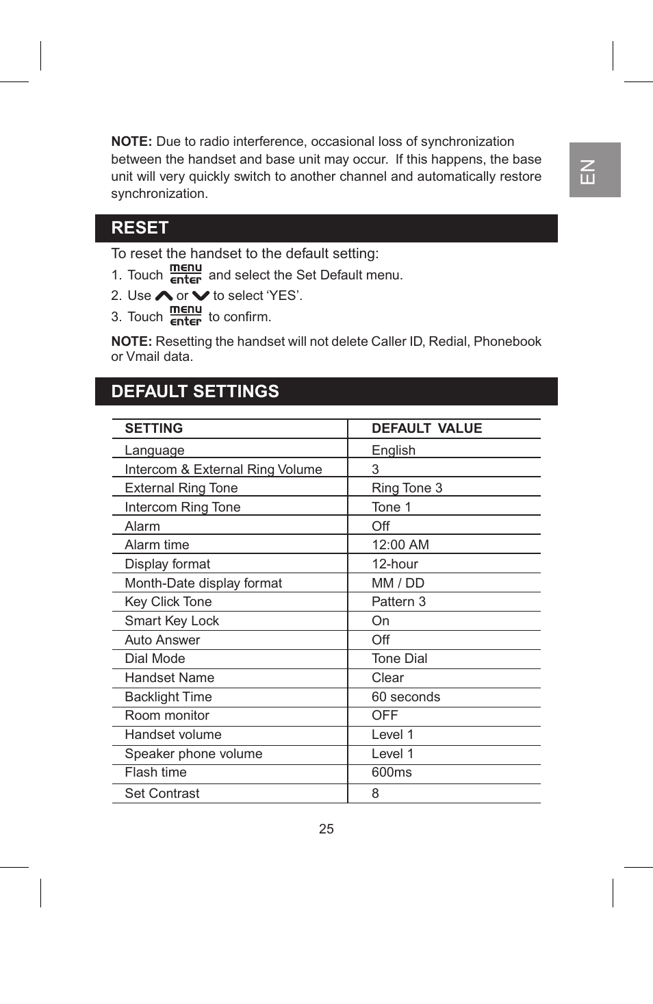 Reset default settings | AT&T 2820 User Manual | Page 26 / 46