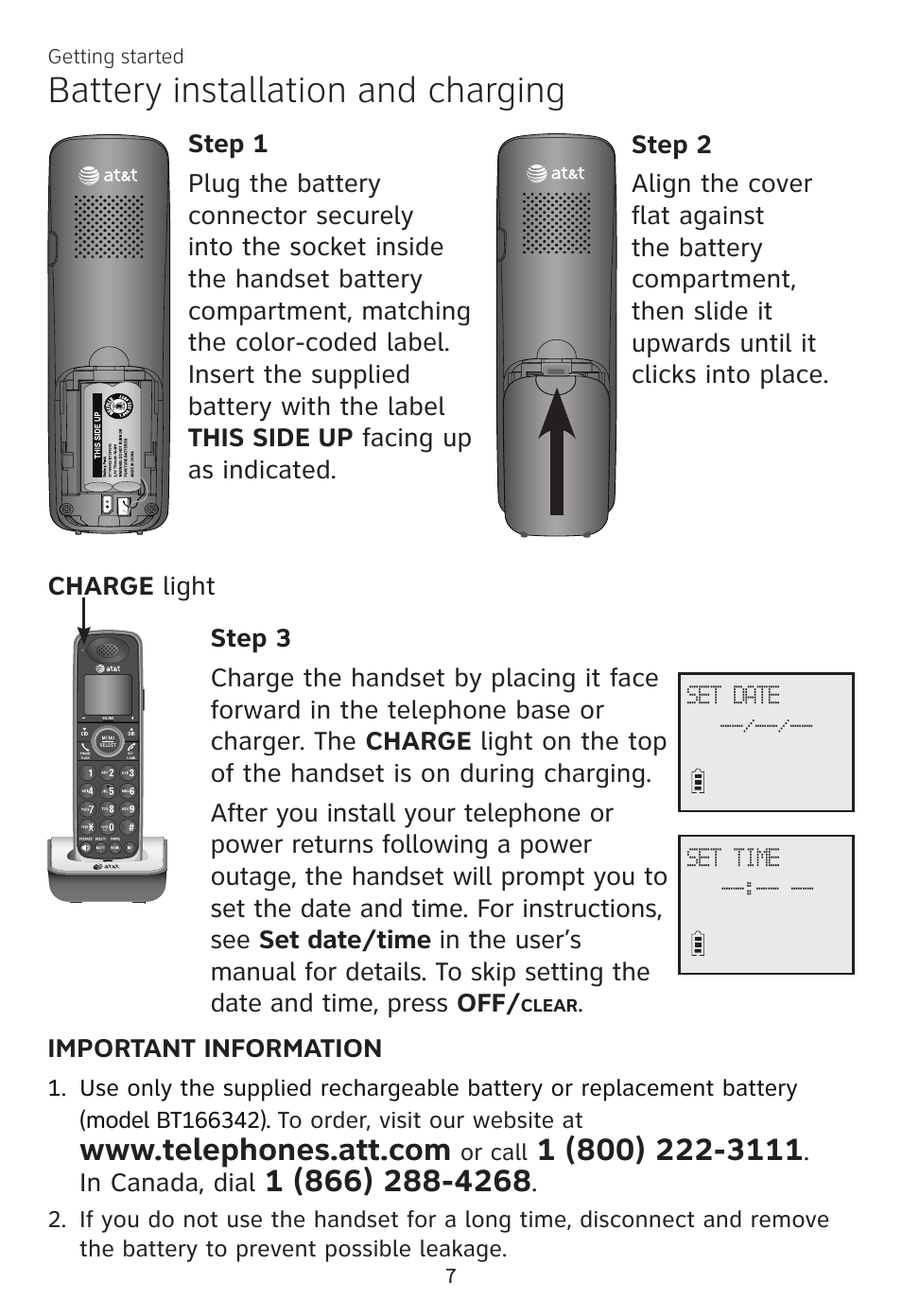 Battery installation and charging | AT&T CL81100 User Manual | Page 11 / 34