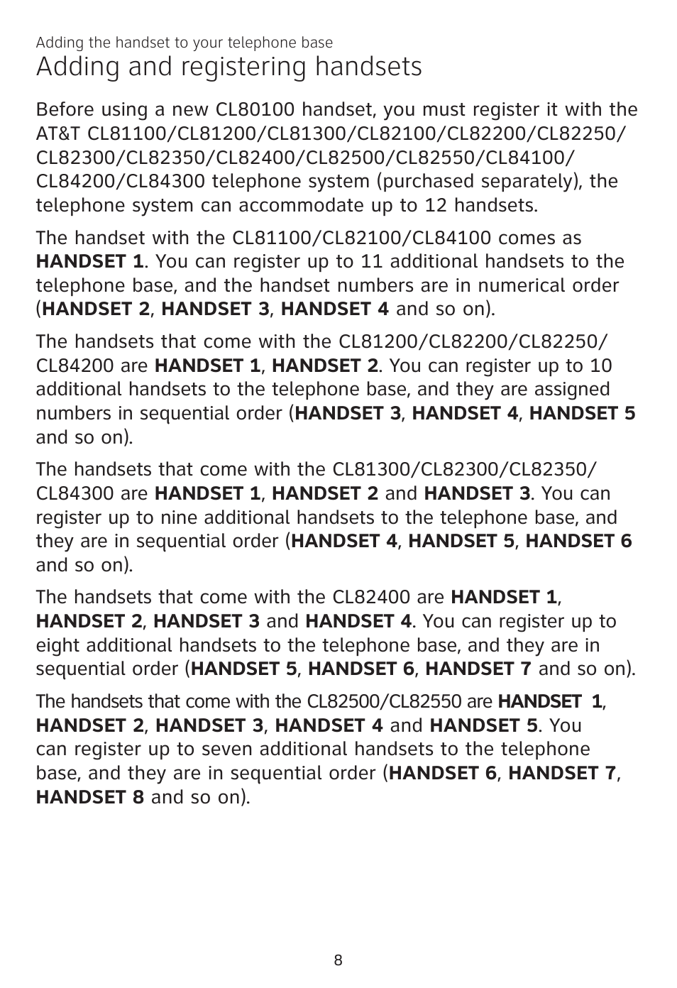 Adding and registering handsets | AT&T CL81100 User Manual | Page 12 / 34