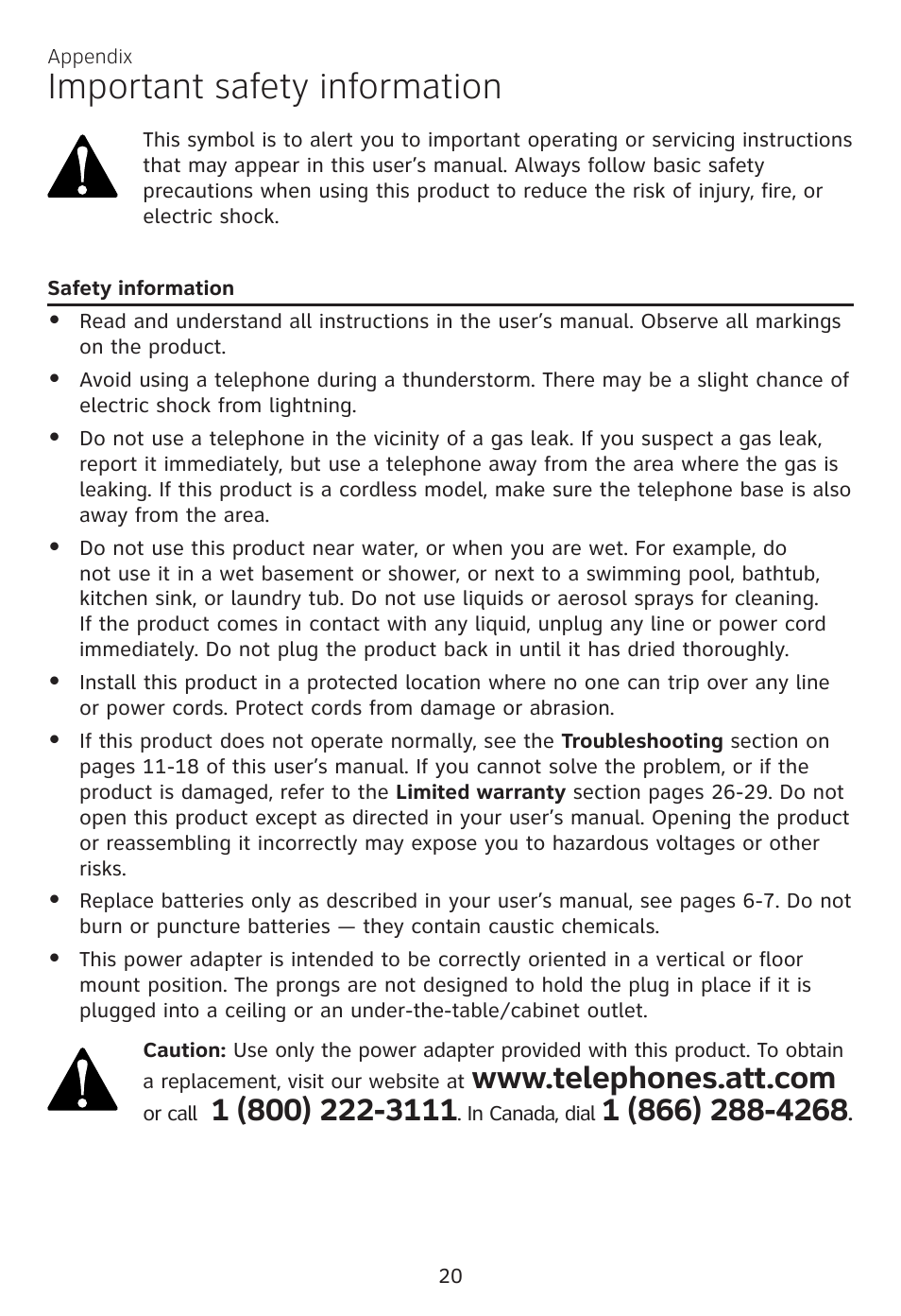 Important safety information | AT&T CL81100 User Manual | Page 24 / 34