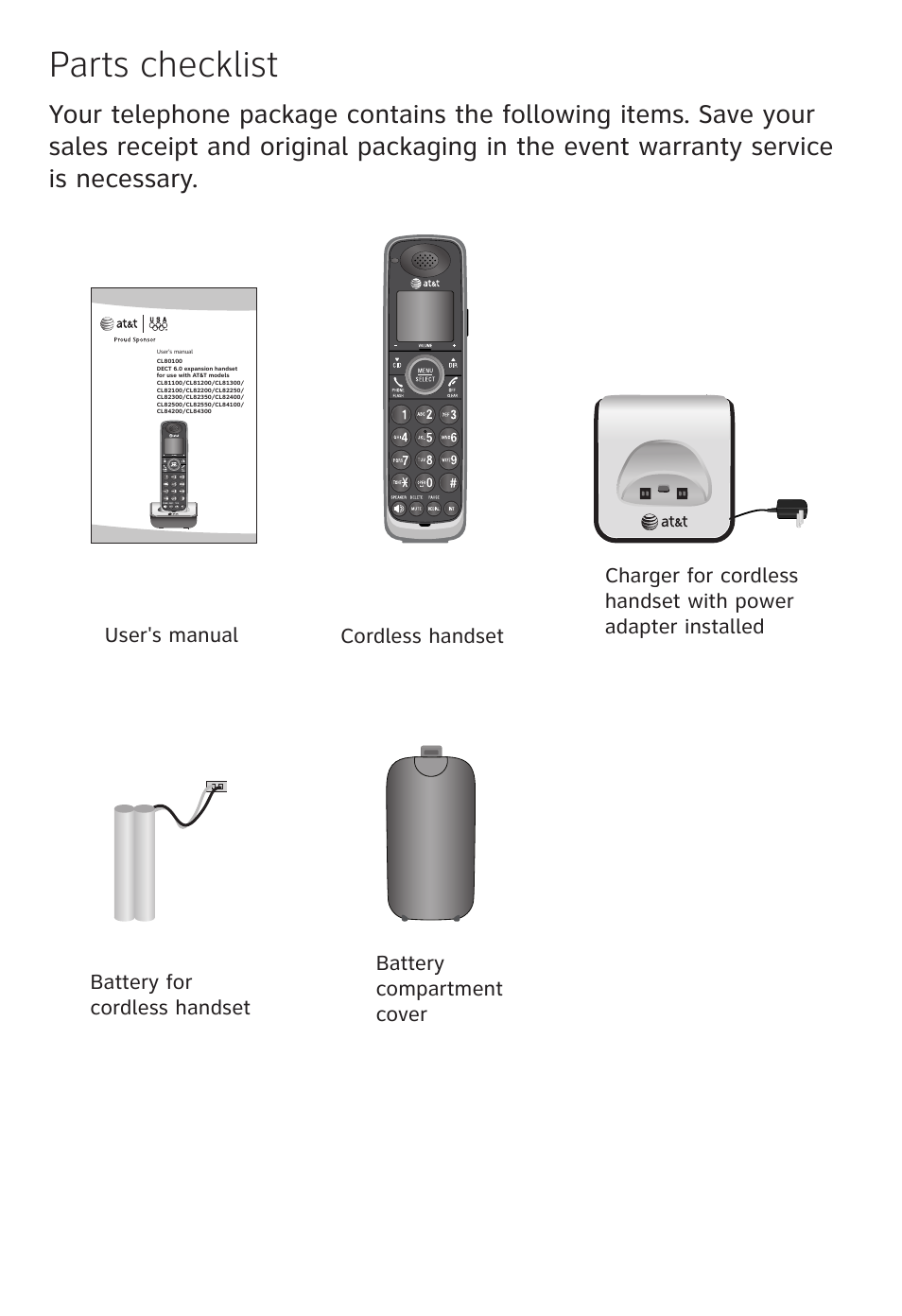 Parts checklist | AT&T CL81100 User Manual | Page 3 / 34