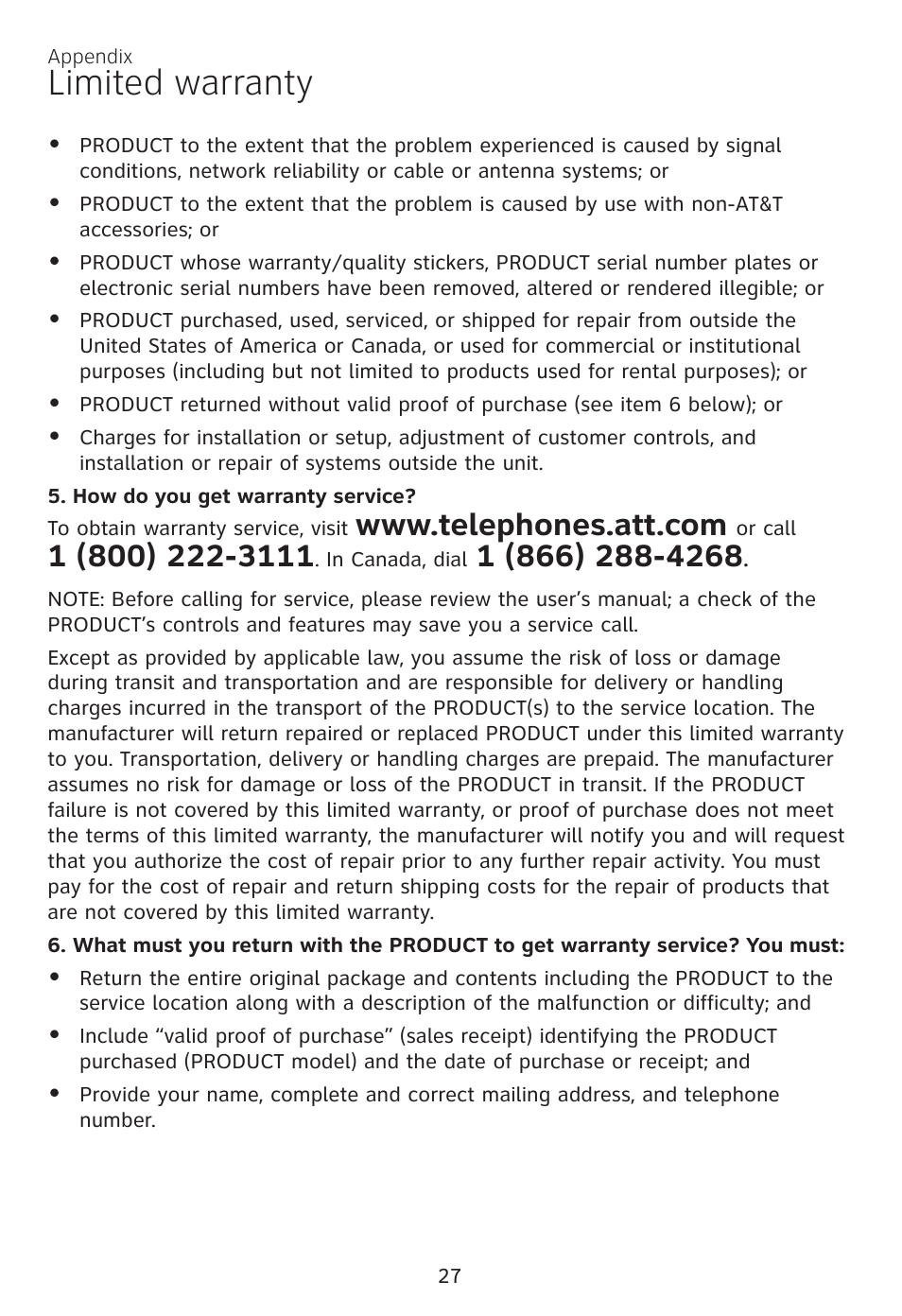 Limited warranty | AT&T CL81100 User Manual | Page 31 / 34