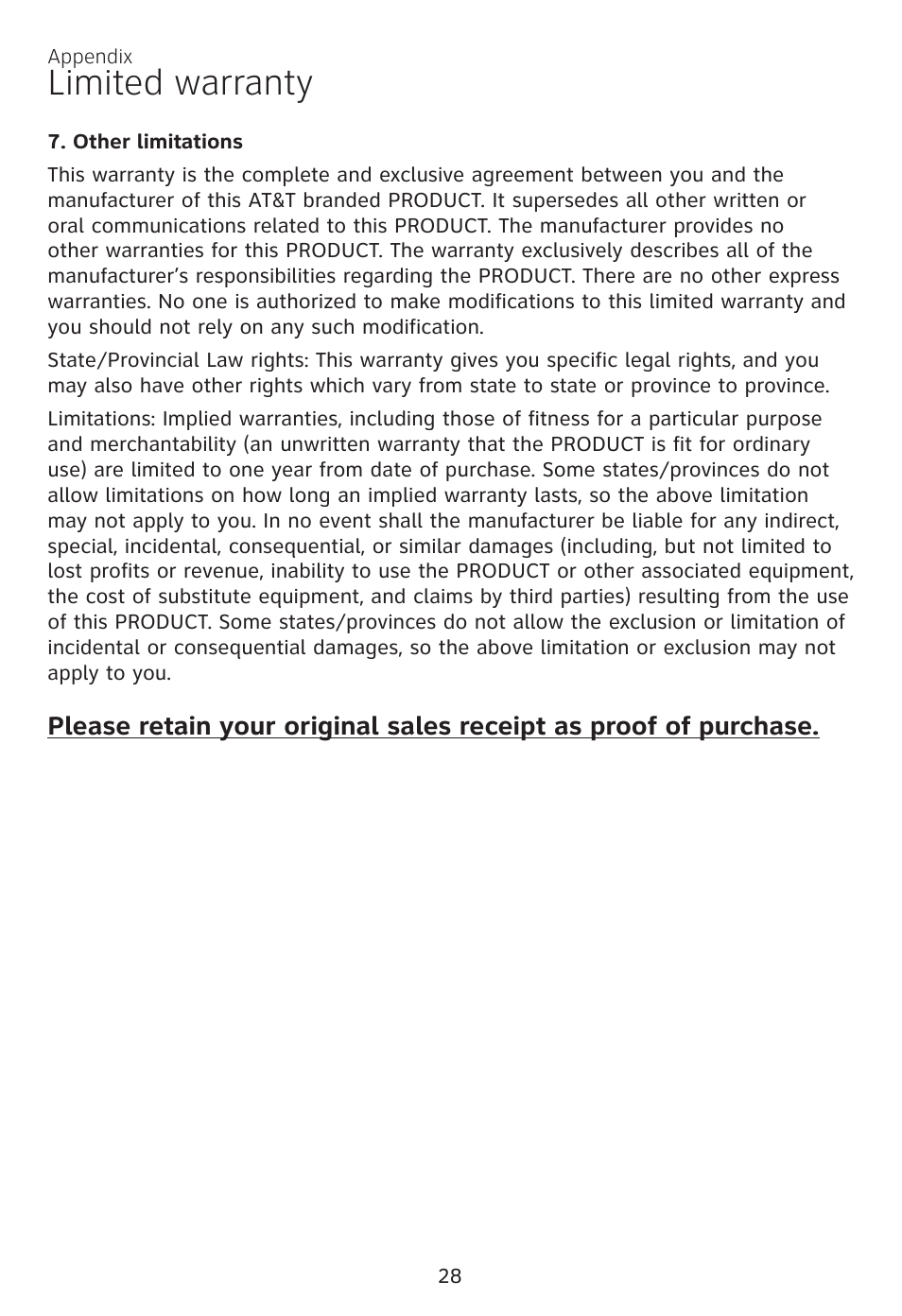 Limited warranty | AT&T CL81100 User Manual | Page 32 / 34