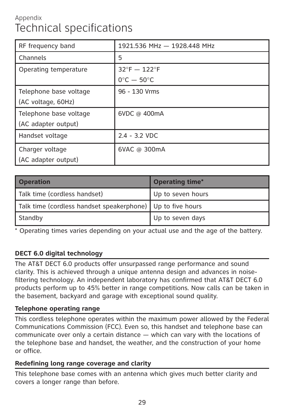 Technical specifications | AT&T CL81100 User Manual | Page 33 / 34