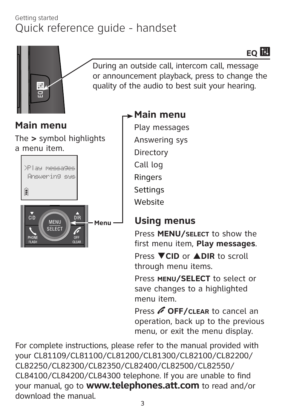 Quick reference guide - handset, Main menu, Using menus | AT&T CL81100 User Manual | Page 7 / 34