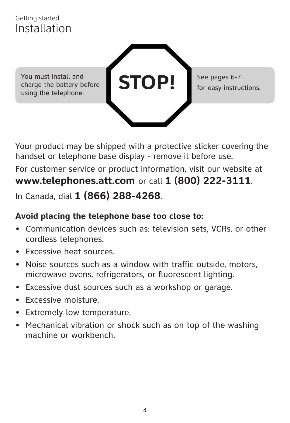 Stop, Installation | AT&T CL81100 User Manual | Page 8 / 34