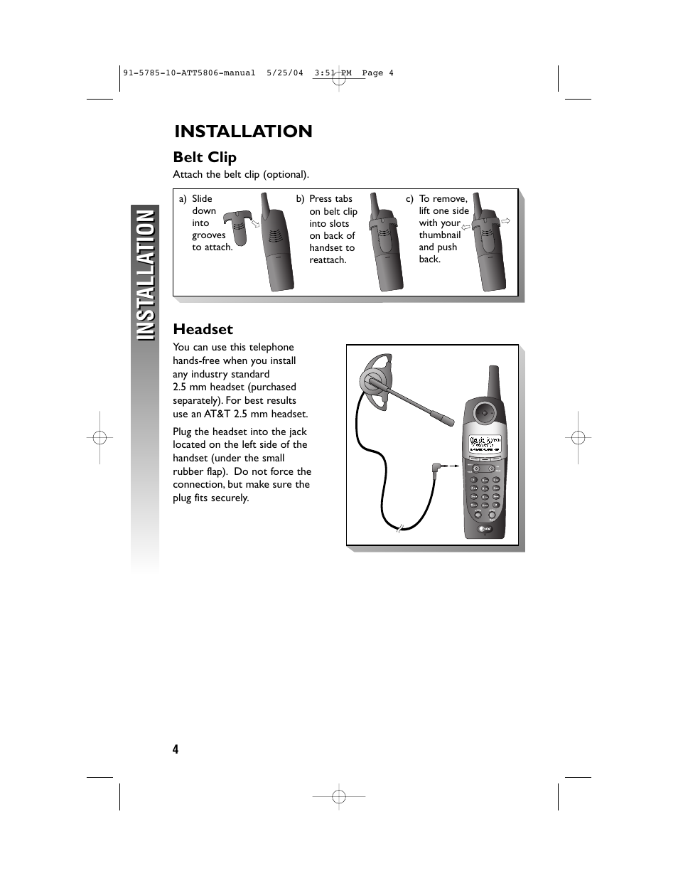 Installation, Belt clip, Headset | Inst alla tion inst alla tion | AT&T 5800 User Manual | Page 7 / 8