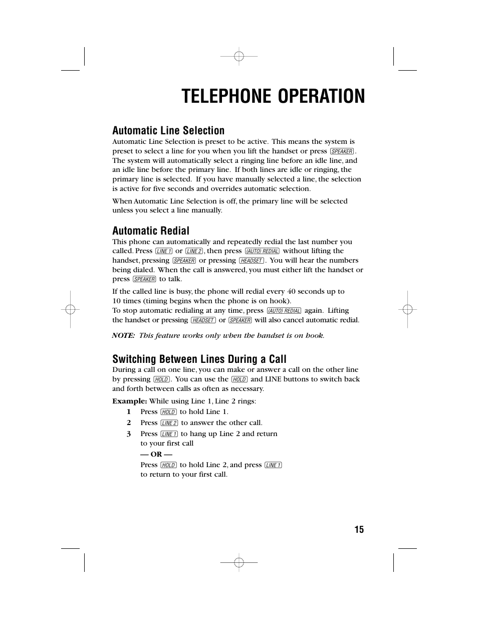 Telephone operation, Automatic line selection, Automatic redial | Switching between lines during a call | AT&T 972 User Manual | Page 18 / 29
