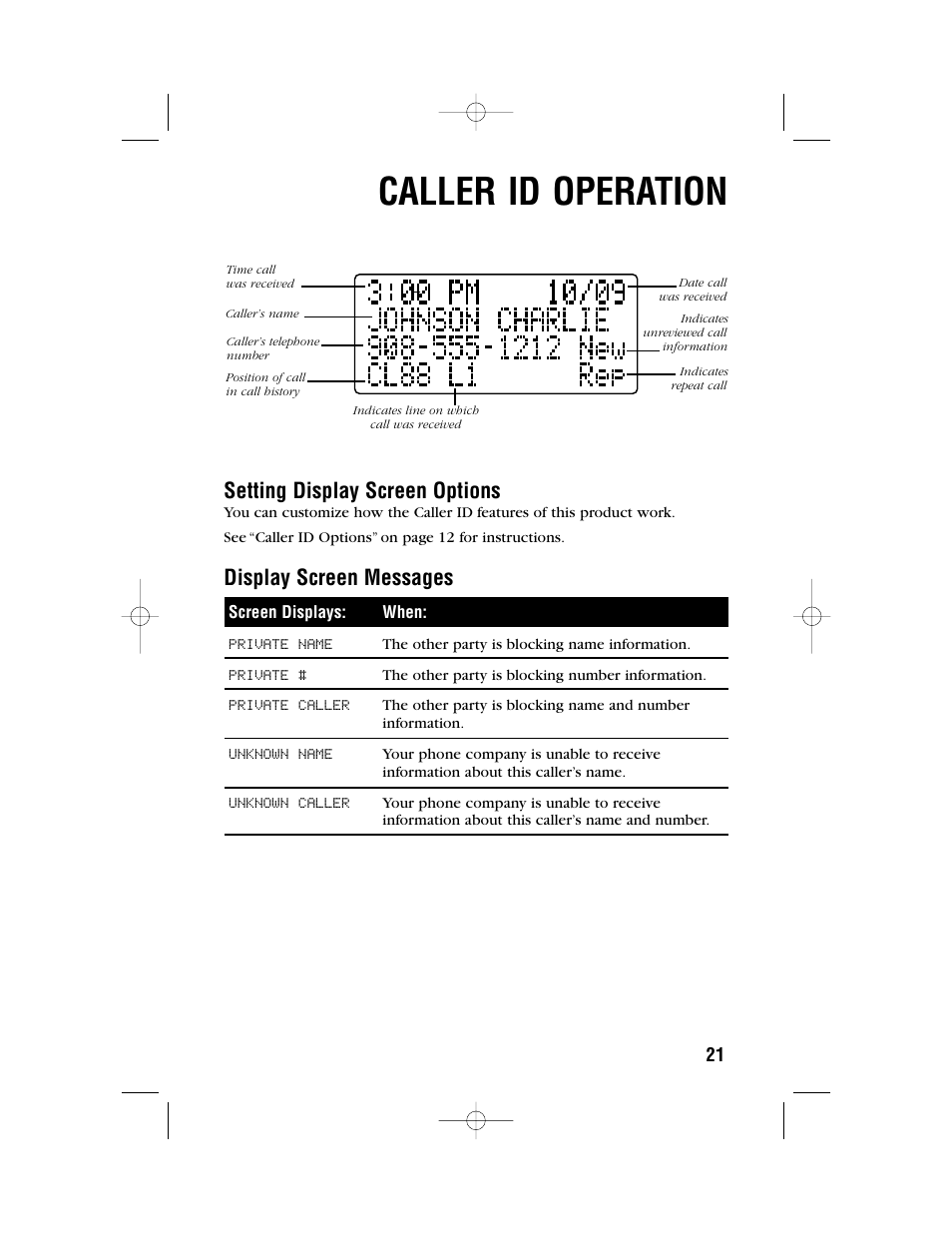 Caller id operation, Setting display screen options, Display screen messages | AT&T 972 User Manual | Page 24 / 29