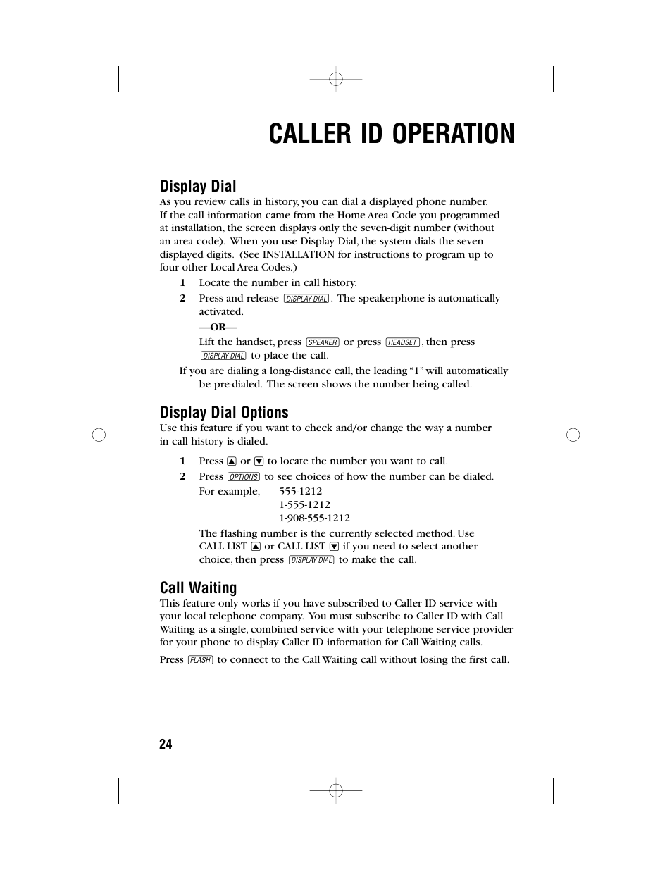 Caller id operation, Display dial, Display dial options | Call waiting | AT&T 972 User Manual | Page 27 / 29