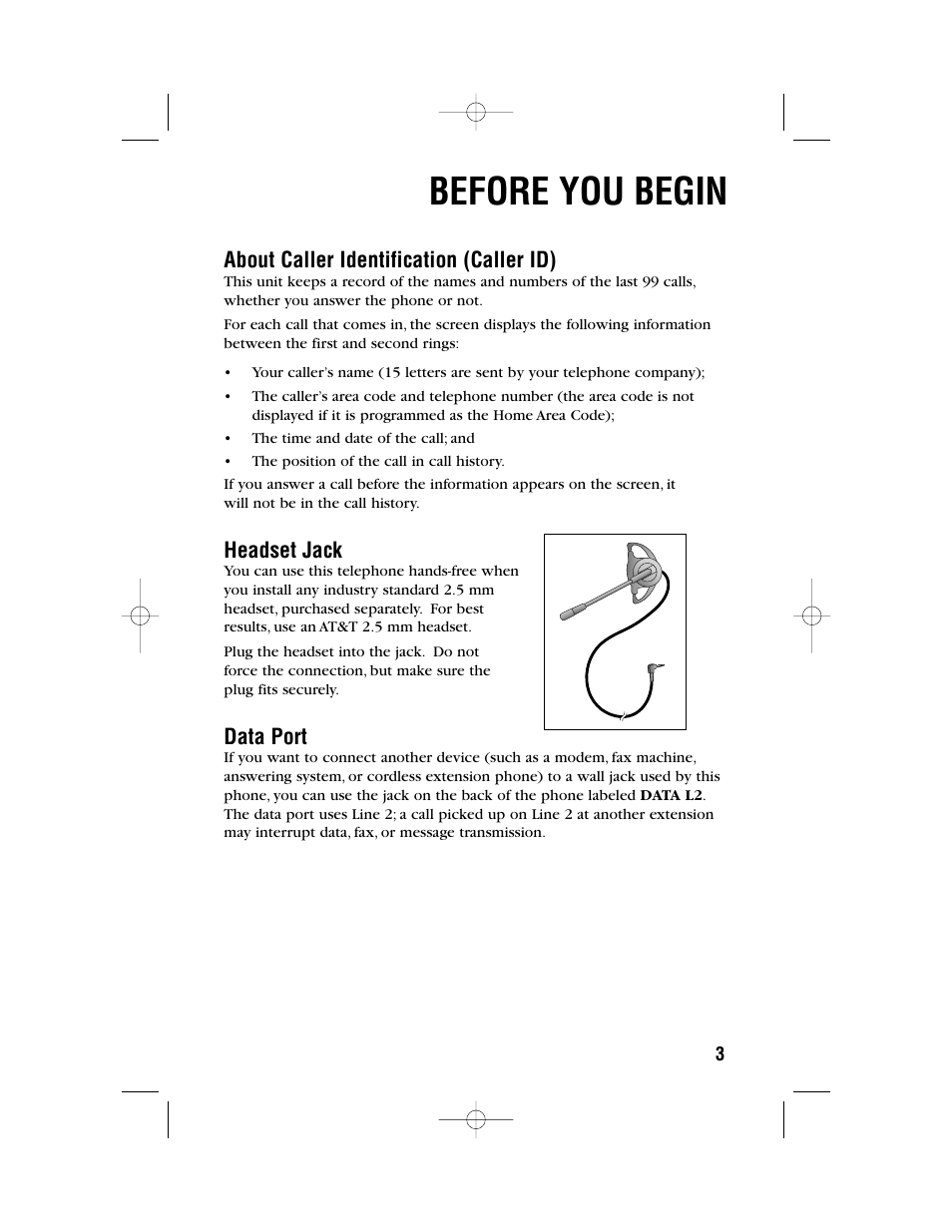 Before you begin, About caller identification (caller id), Headset jack | Data port | AT&T 972 User Manual | Page 6 / 29