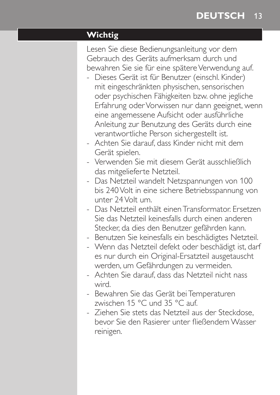Deutsch, Wichtig | Philips Rasoir électrique User Manual | Page 11 / 72
