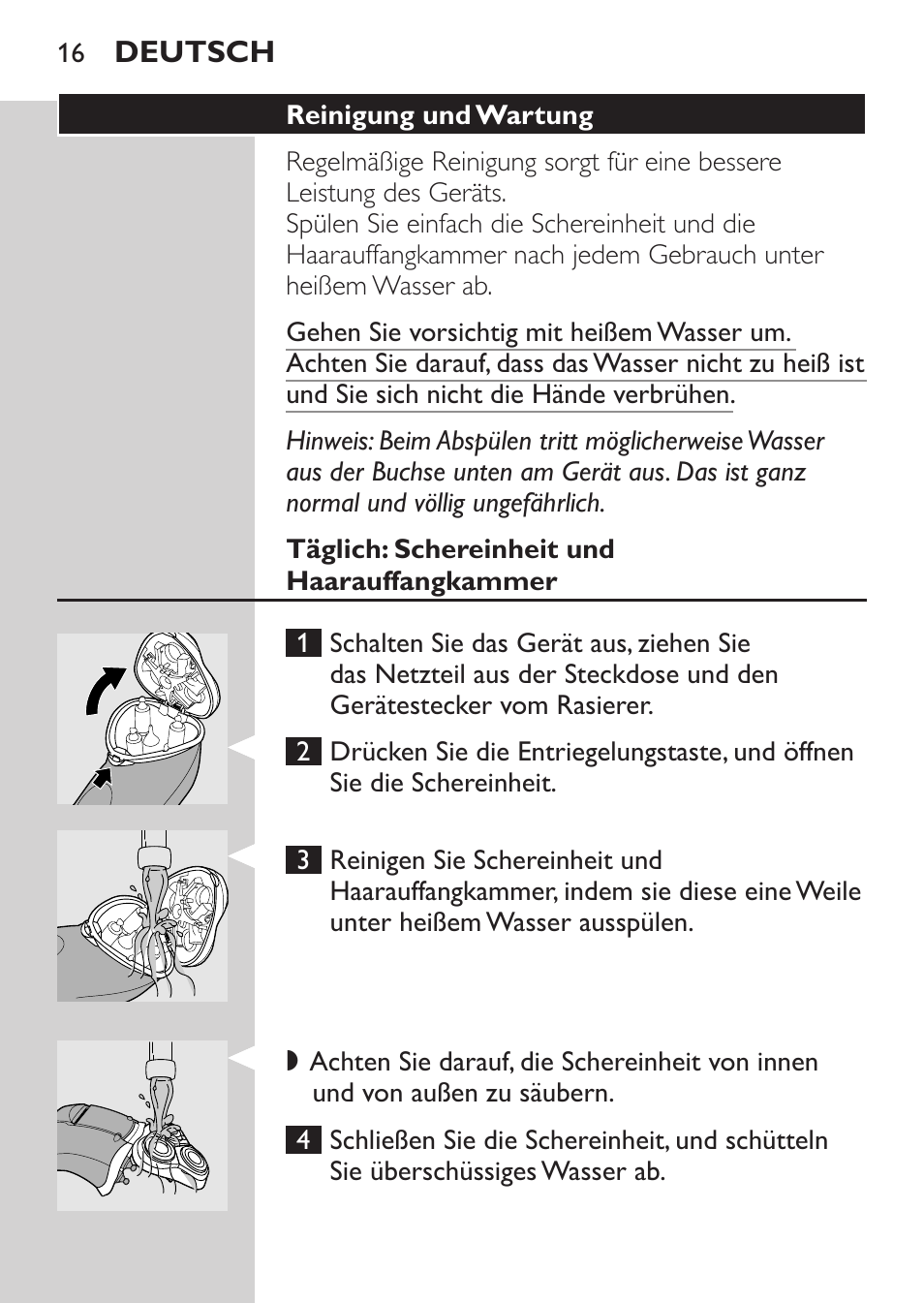 Reinigung und wartung, Täglich: schereinheit und haarauffangkammer | Philips Rasoir électrique User Manual | Page 14 / 72