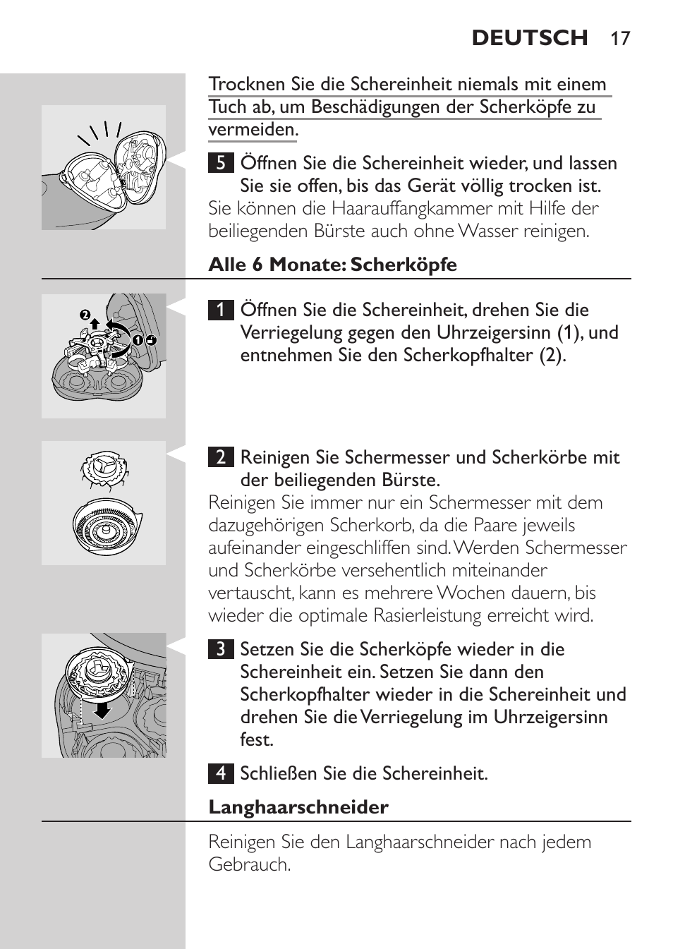 Alle 6 monate: scherköpfe, Langhaarschneider | Philips Rasoir électrique User Manual | Page 15 / 72