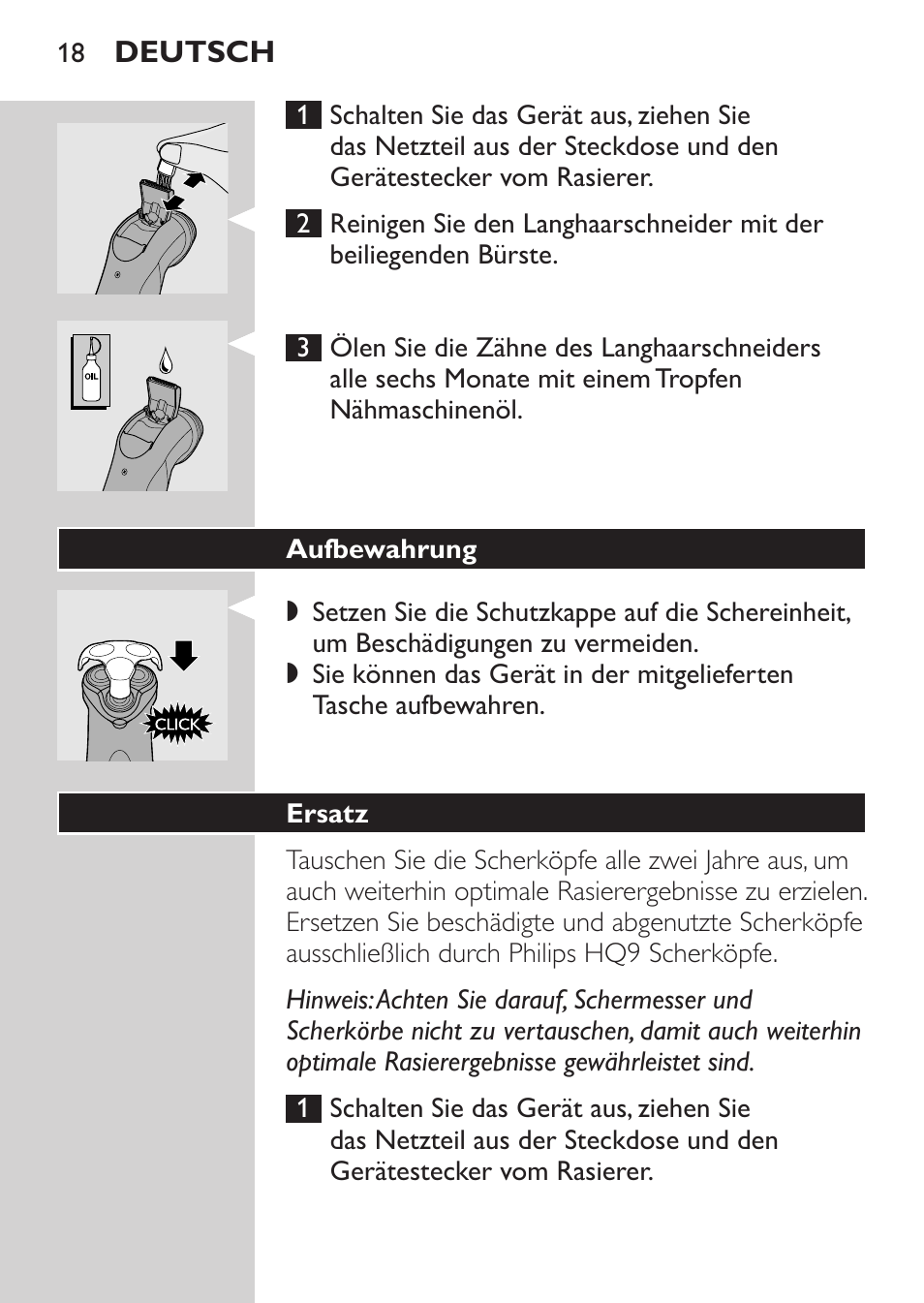 Aufbewahrung, Ersatz | Philips Rasoir électrique User Manual | Page 16 / 72