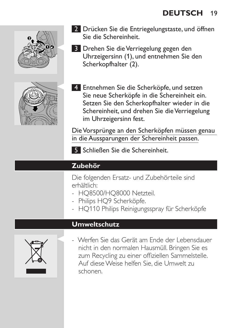 Zubehör, Umweltschutz | Philips Rasoir électrique User Manual | Page 17 / 72