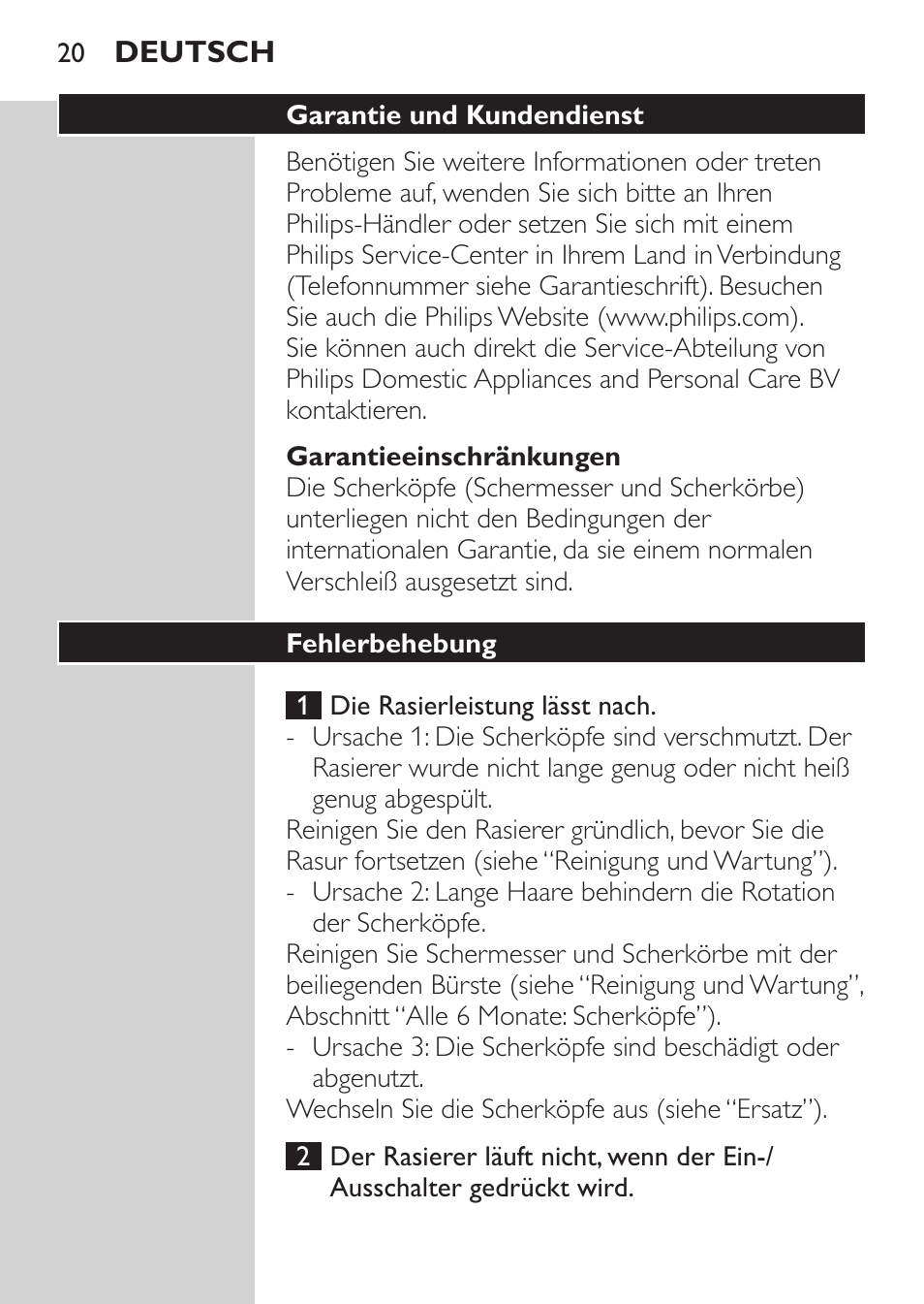 Garantieeinschränkungen, Garantie und kundendienst, Fehlerbehebung | Philips Rasoir électrique User Manual | Page 18 / 72