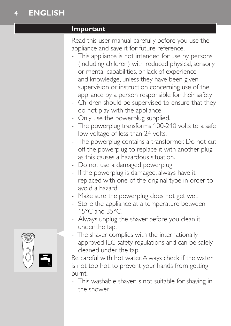 English, Important | Philips Rasoir électrique User Manual | Page 2 / 72