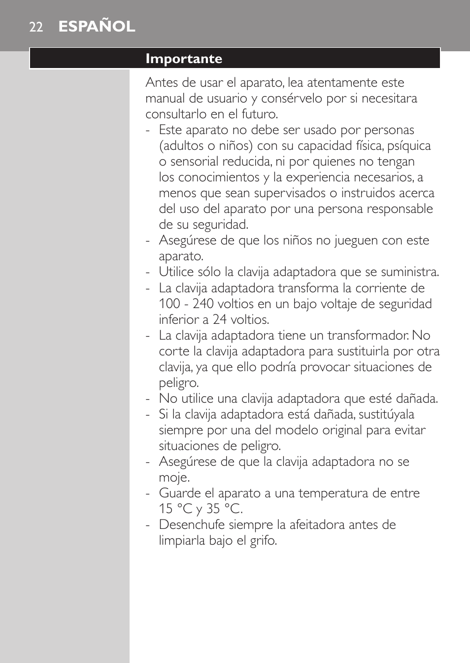 Español, Importante | Philips Rasoir électrique User Manual | Page 20 / 72