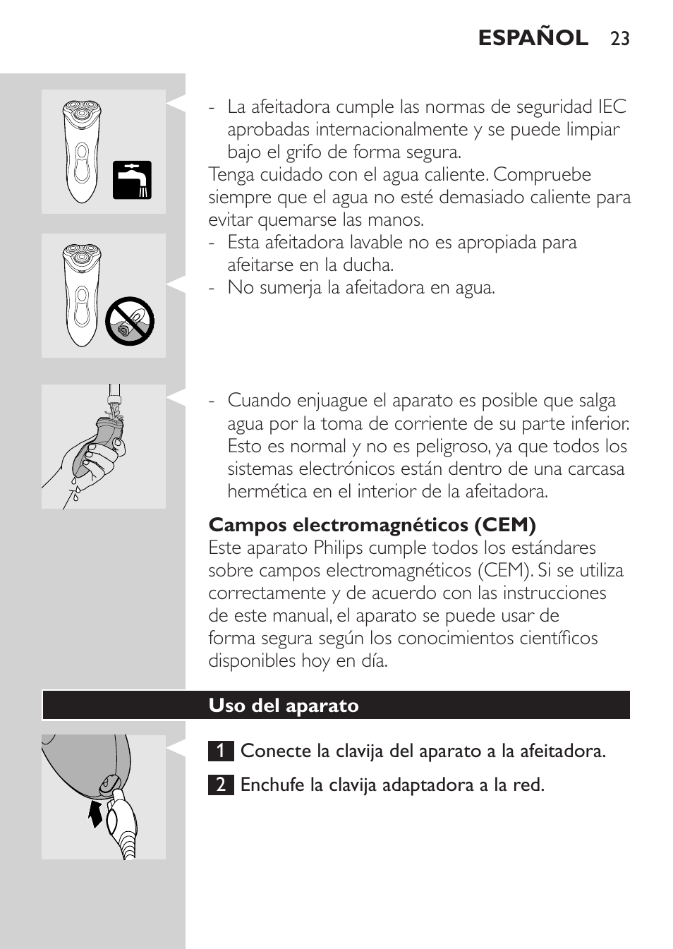 Campos electromagnéticos (cem), Uso del aparato | Philips Rasoir électrique User Manual | Page 21 / 72