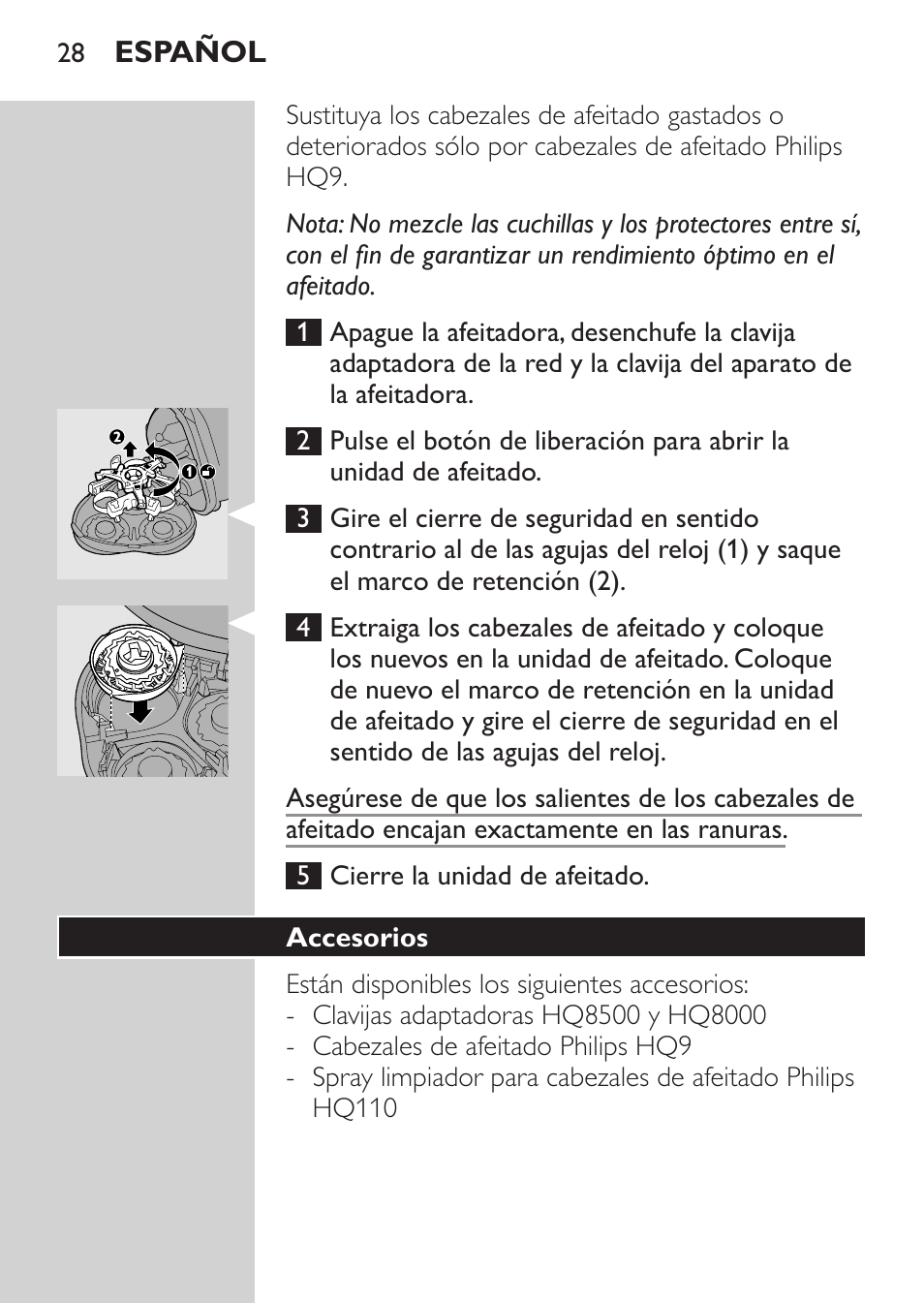 Cortapatillas, Almacenamiento, Sustitución | Philips Rasoir électrique User Manual | Page 26 / 72