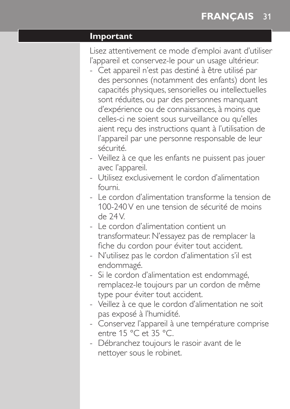 Français, Important | Philips Rasoir électrique User Manual | Page 29 / 72