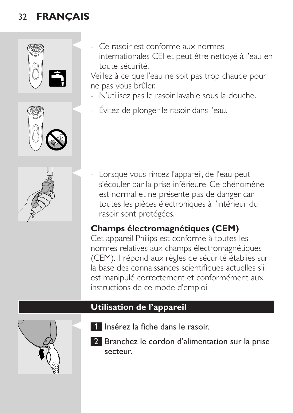 Champs électromagnétiques (cem), Utilisation de l’appareil | Philips Rasoir électrique User Manual | Page 30 / 72