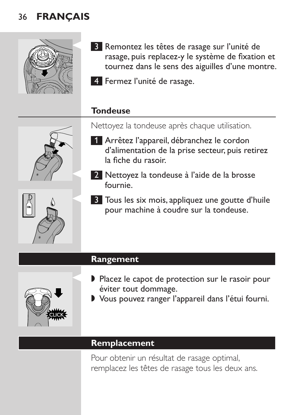 Tondeuse, Rangement, Remplacement | Philips Rasoir électrique User Manual | Page 34 / 72